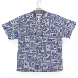 Howie Men's Aloha Shirt Blue Hawaiian Overall Print Cotton Made in Hawaii Medium